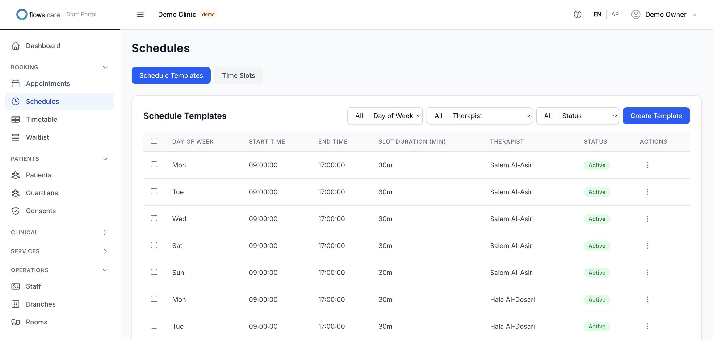 Weekly slot grid with a multi-slot booking selection