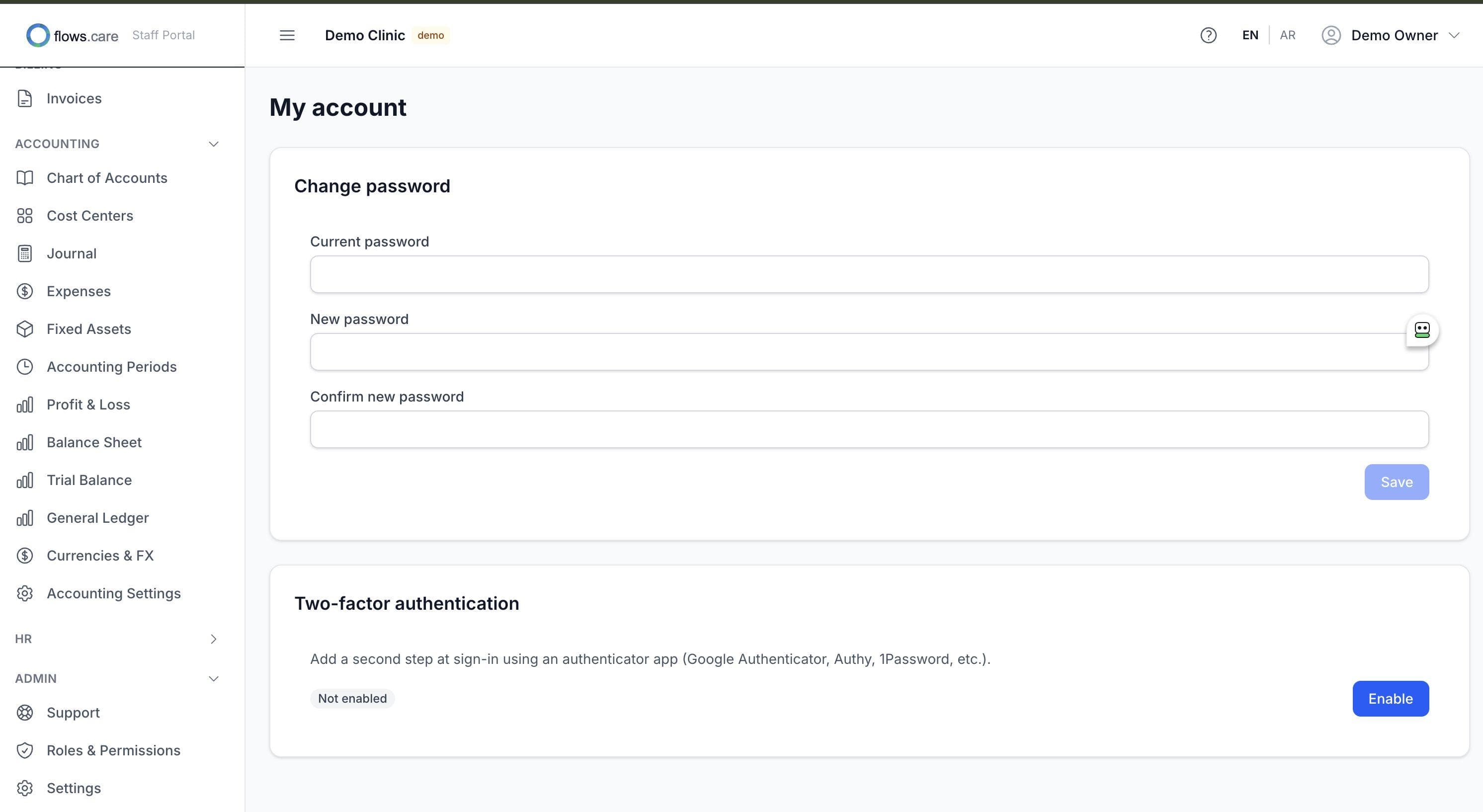 2FA setup and audit log entry